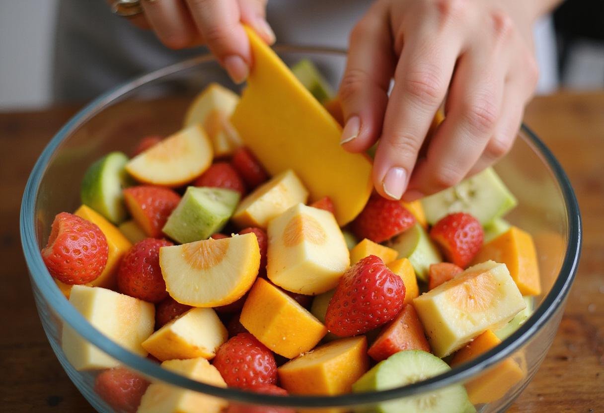 Slicing and arranging colorful fruits in a glass bowl for a delightful fruit salad recipe.