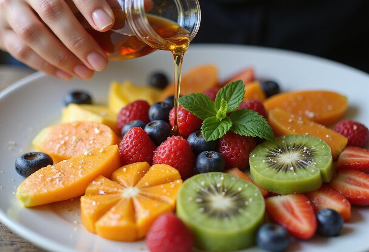 Adding honey and mint to a colorful fruit salad to elevate the taste of this vibrant fruit dish.