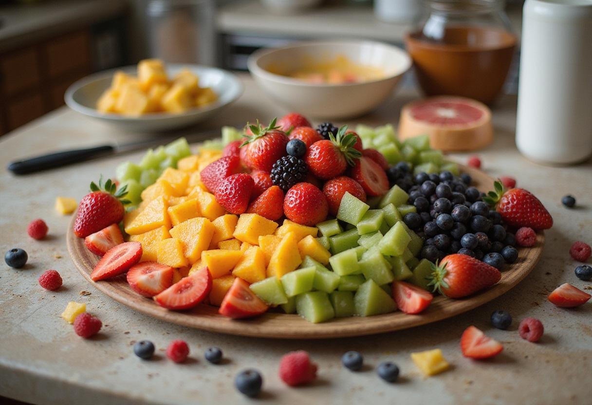 A stunning visual of a rainbow fruit salad on a colorful kitchen counter, presenting the preparation ambiance.