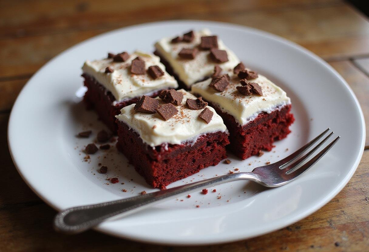 Deliciously plated red velvet brownies with cream cheese frosting, showcasing the final result of this enticing red velvet brownie recipe.