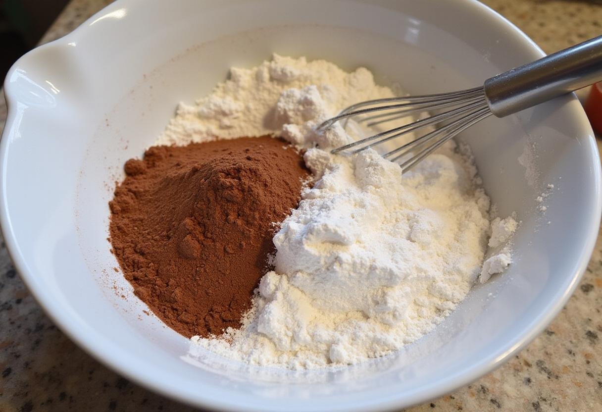 Mixing dry ingredients for red velvet brownies in a bowl, combining flour and cocoa powder for a rich red velvet brownie recipe.