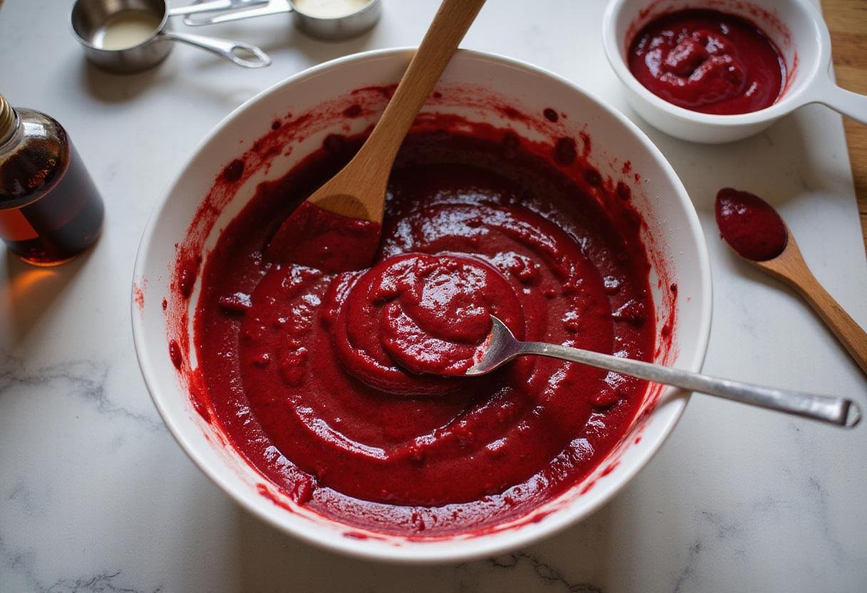 Folding red velvet brownie batter in a mixing bowl, capturing the vibrant colors for an unforgettable red velvet brownie recipe.