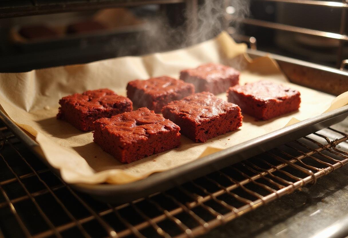 Freshly baked red velvet brownies cooling on a rack, a crucial step in achieving a delicious red velvet brownie recipe.
