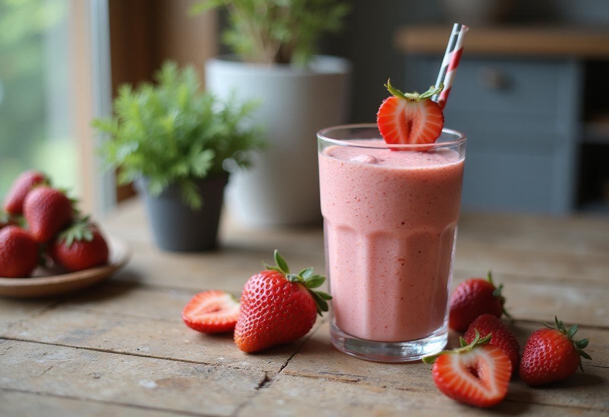 Delicious Rosy Frozen Strawberry Smoothie presented in an inviting setting, highlighting its fresh and vibrant hues.