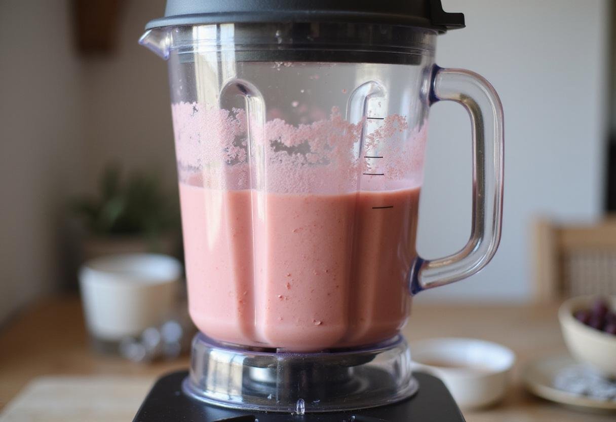 Blending a Rosy Frozen Strawberry Smoothie, showcasing the transformation of strawberries into a silky rosy mixture.