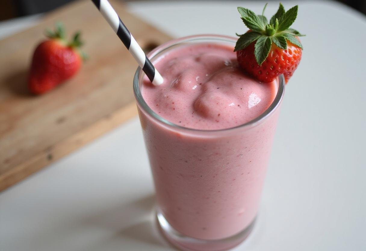 Enjoying a refreshing Rosy Frozen Strawberry Smoothie in a tall glass, beautifully garnished with fresh strawberries and mint.