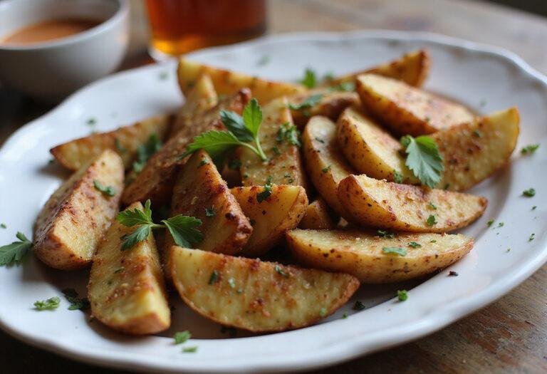 Deliciously roasted russet burbank potato wedges served with herb garnish and dipping sauce.