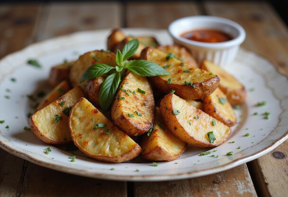 Deliciously roasted russet burbank potato wedges served with herb garnish and dipping sauce.