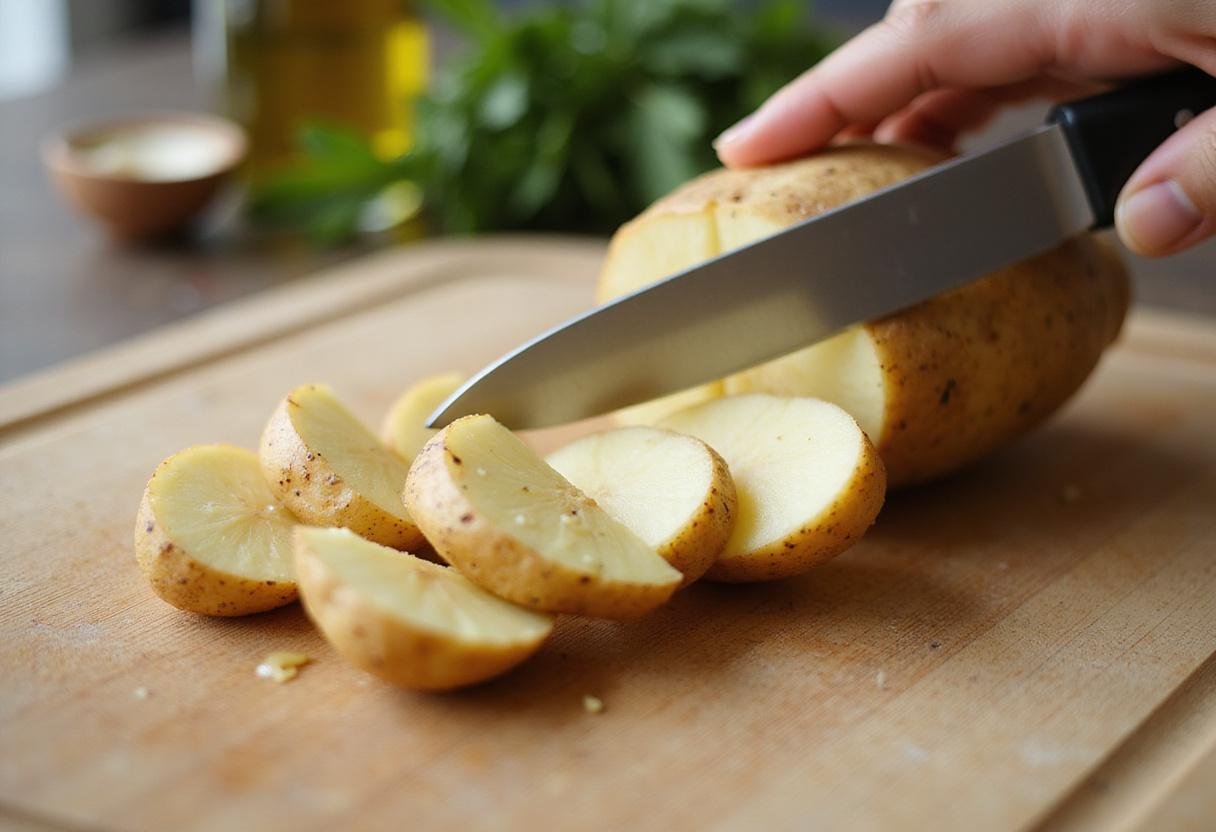 Slicing russet burbank potatoes into wedges for a flavorful dish.
