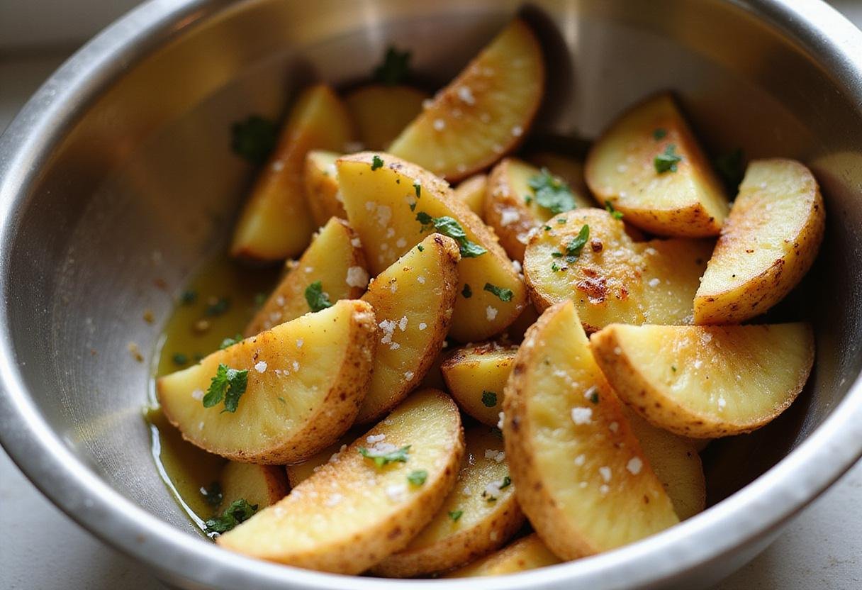 Mixing russet burbank potato wedges with olive oil and herbs for added flavor.