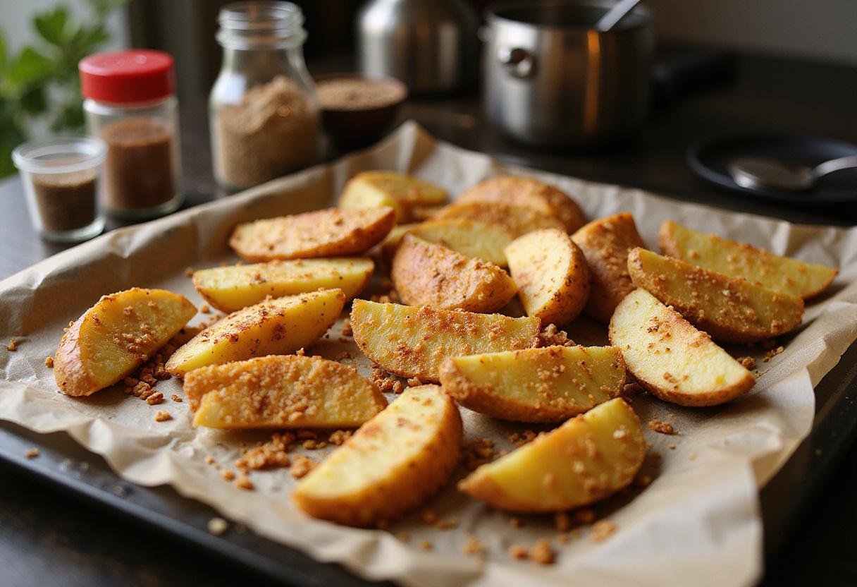 Preparing russet burbank potato wedges for roasting in the oven with seasonings.