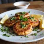 Delicious finished salmon patties recipe served elegantly on a plate with garnish.