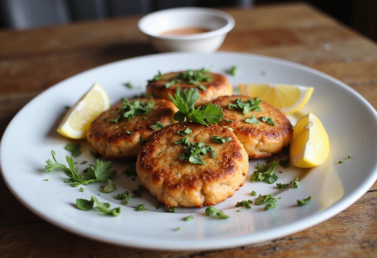 Delicious finished salmon patties recipe served elegantly on a plate with garnish.
