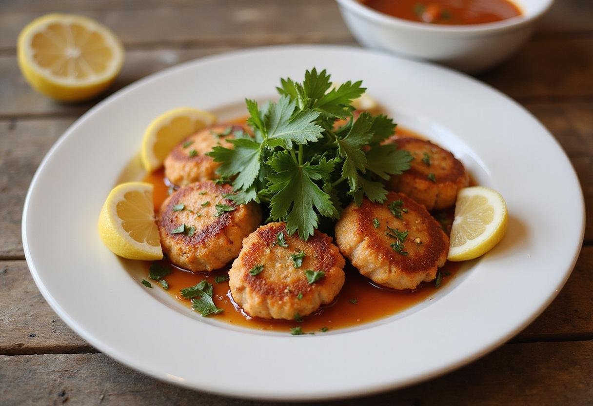 Delicious finished salmon patties recipe served elegantly on a plate with garnish.
