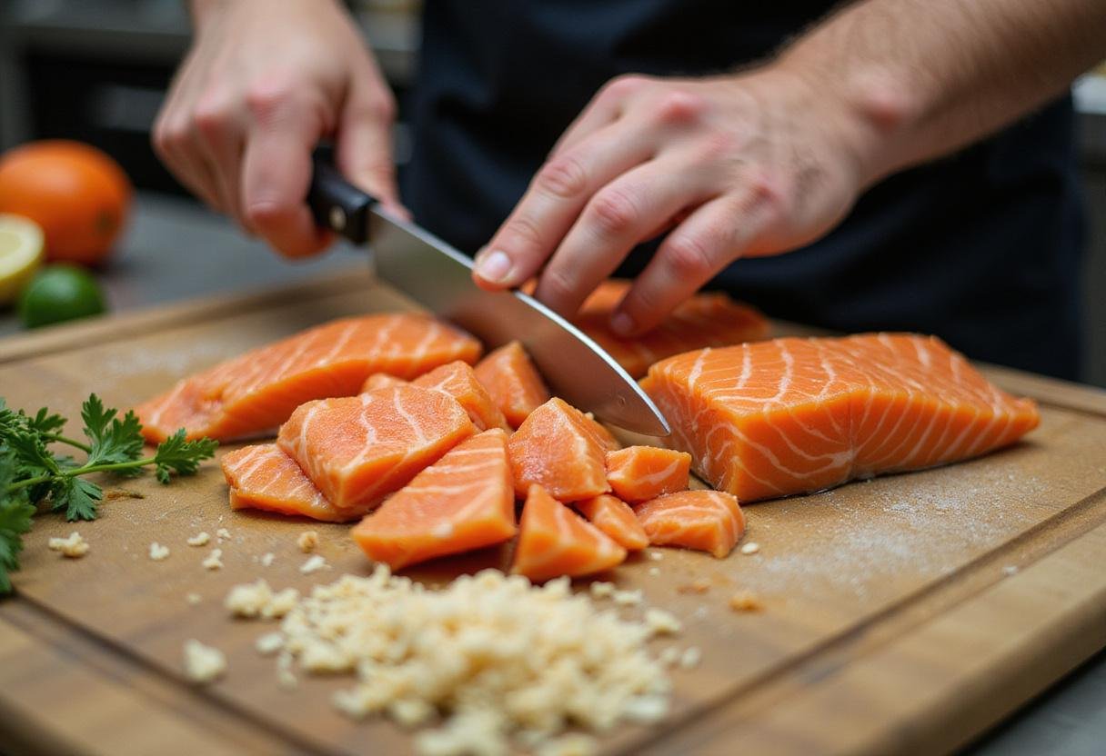 Salmon patties recipe fresh salmon fillets being chopped for easy prep.