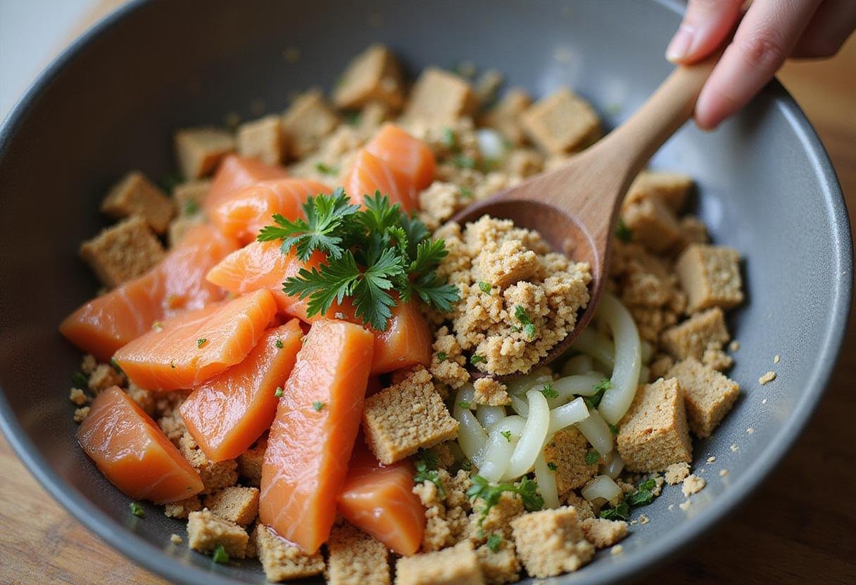 Salmon patties recipe mixing bowl with salmon and ingredients for perfect patties.