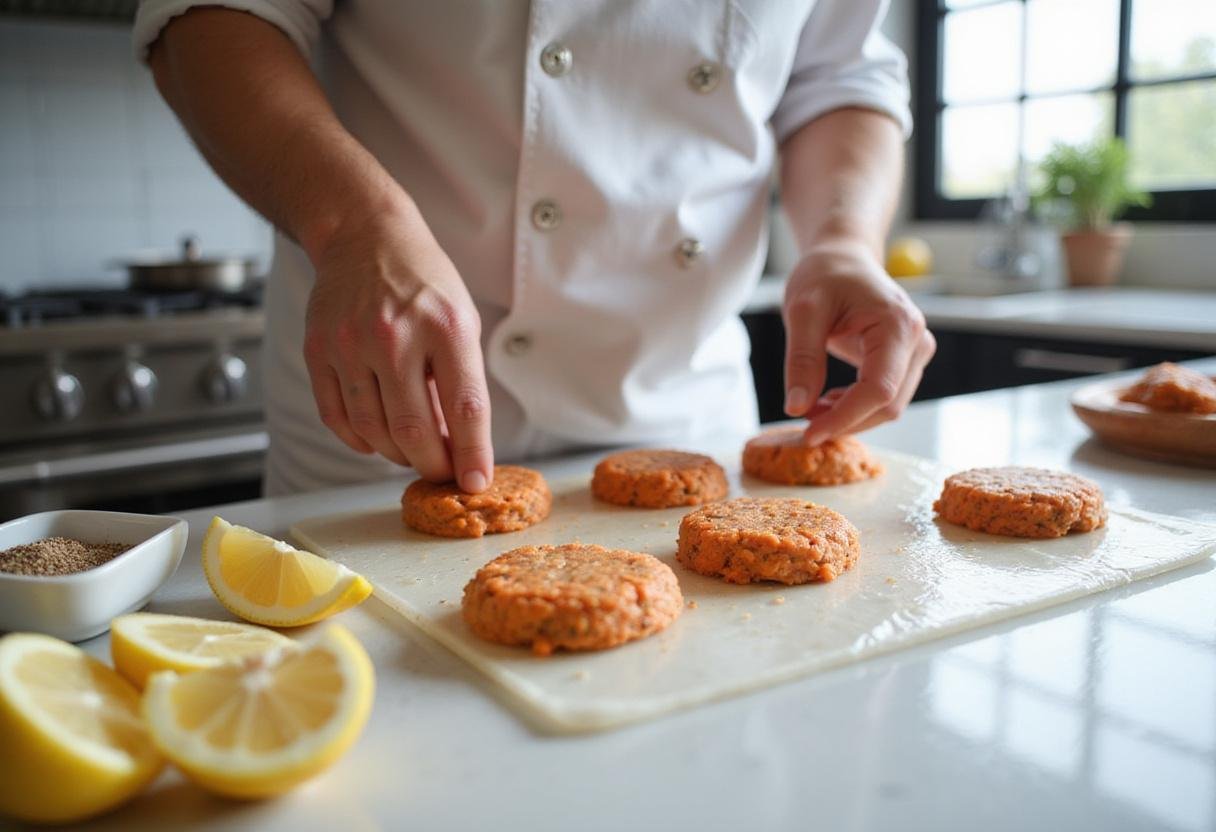 Salmon patties recipe chef shaping salmon mixture into circular patties ready to cook.