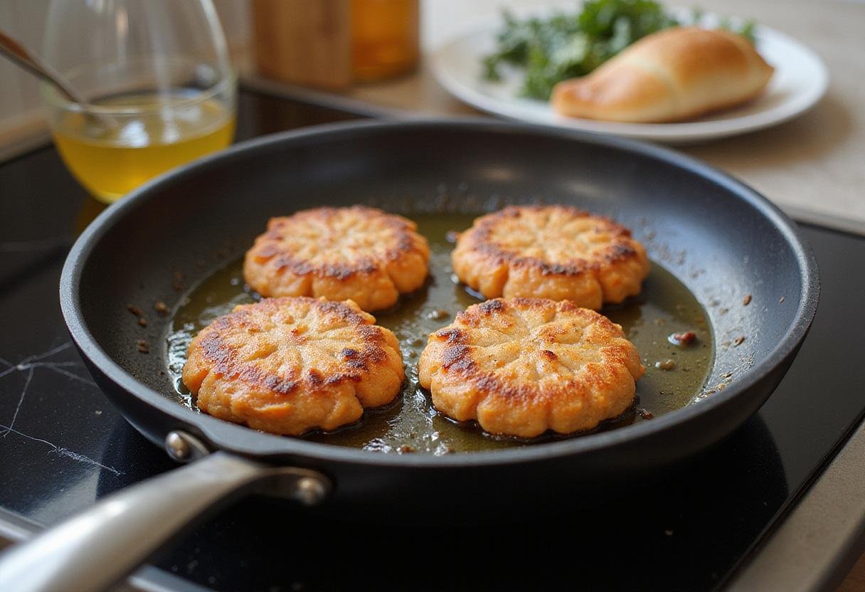 Salmon patties recipe golden-brown patties frying in a pan for delicious flavor.