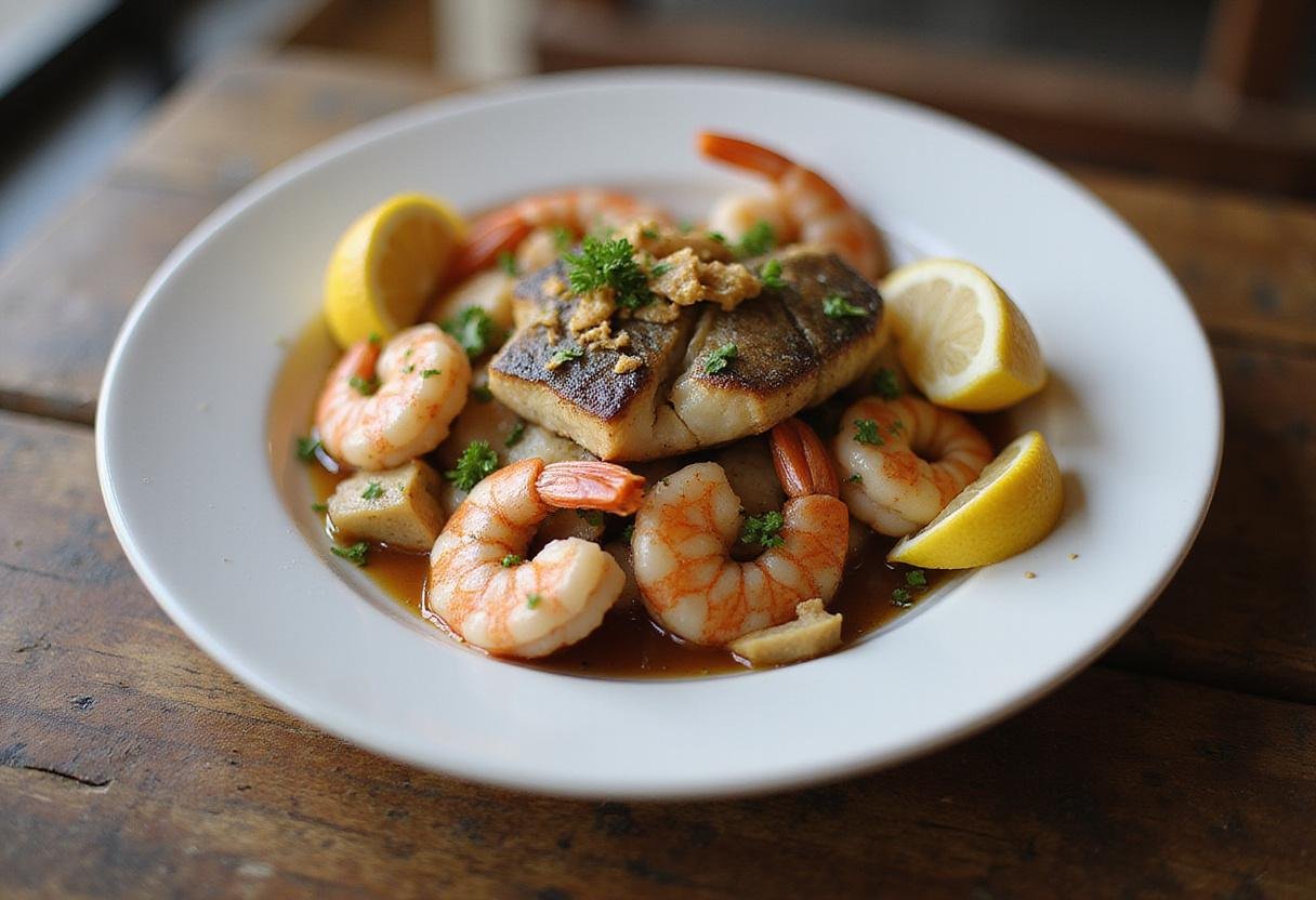 Final display of Sal's seafood menu extravaganza, showcasing a vibrant and delicious seafood dish, garnished and ready to enjoy.