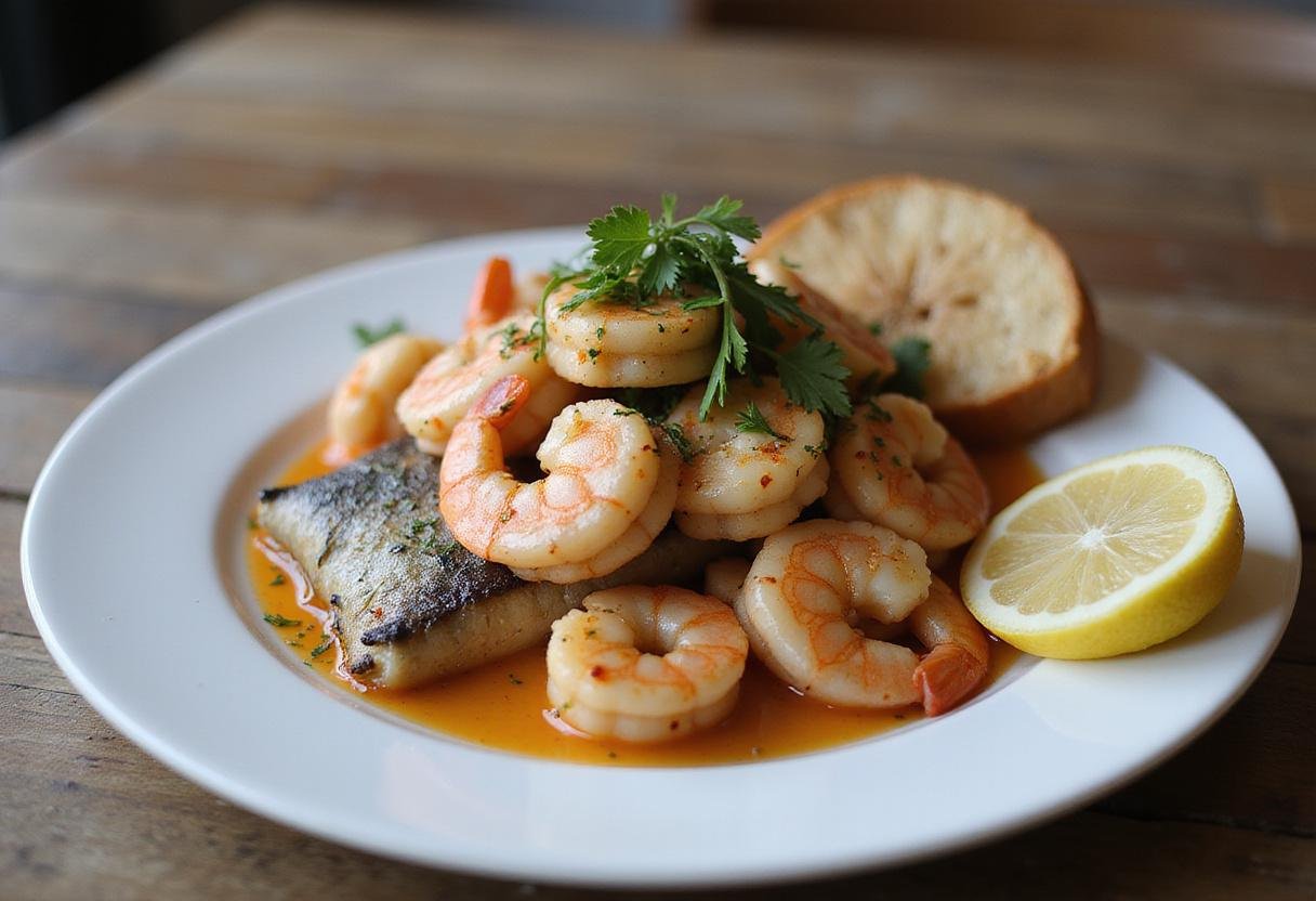 Final display of Sal's seafood menu extravaganza, showcasing a vibrant and delicious seafood dish, garnished and ready to enjoy.