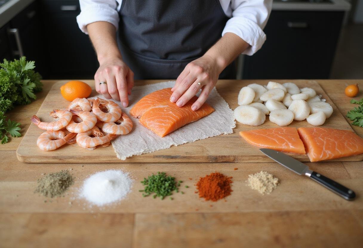 Gather ingredients for Sal's seafood menu, including shrimp, scallops and herbs for an extravagant dish.