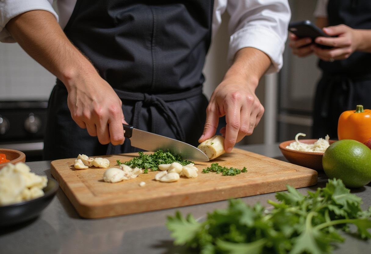 Chopping garlic and herbs for Sal's seafood menu, creating fresh flavors for the extravagant dish.
