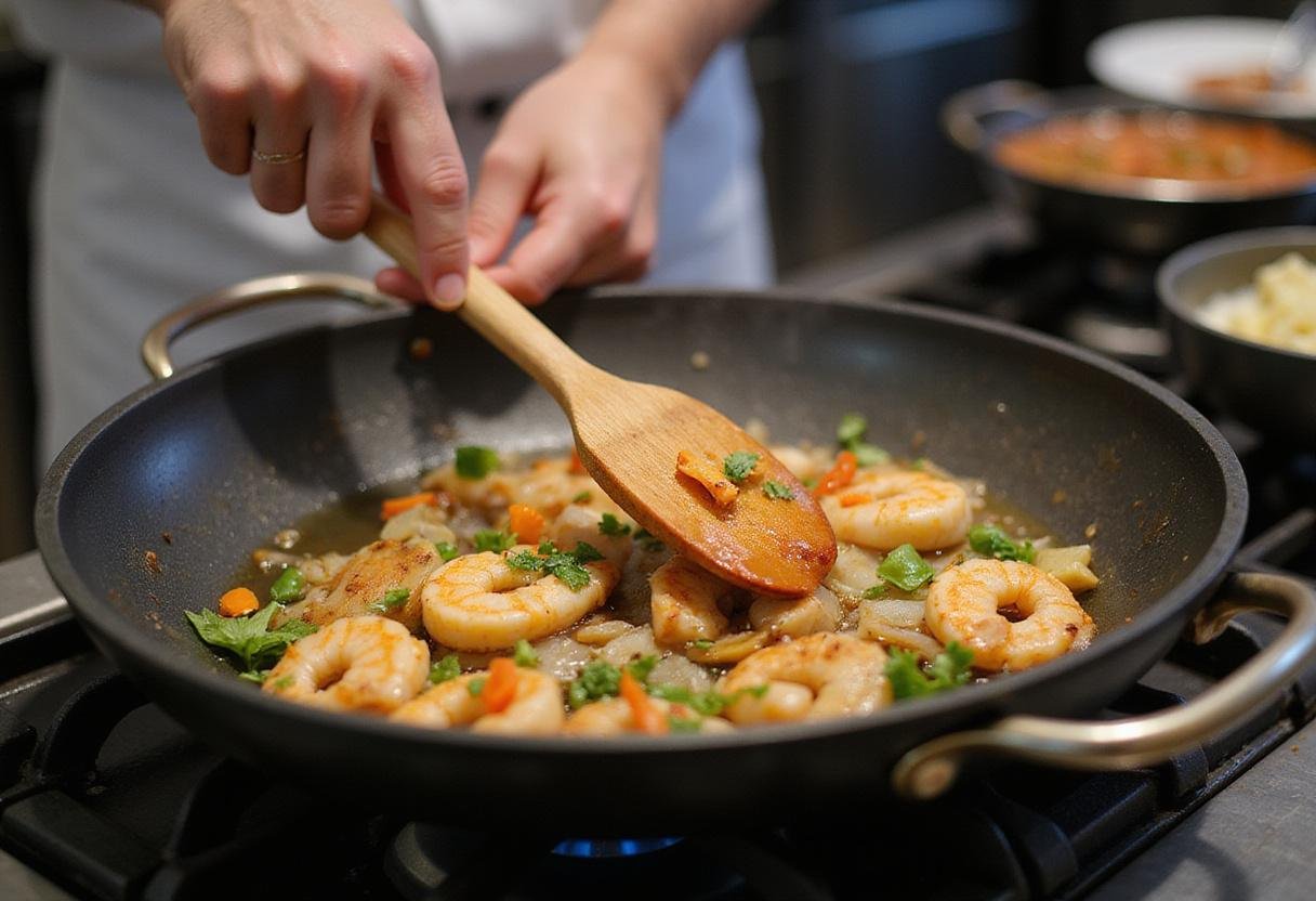 Sautéing seafood with colorful vegetables for Sal's seafood menu, creating an extravagant dish full of flavor.