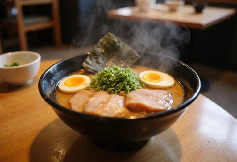 Savory fuyu ramen bowl ready to be enjoyed, featuring a rich broth and fresh toppings for a satisfying meal.