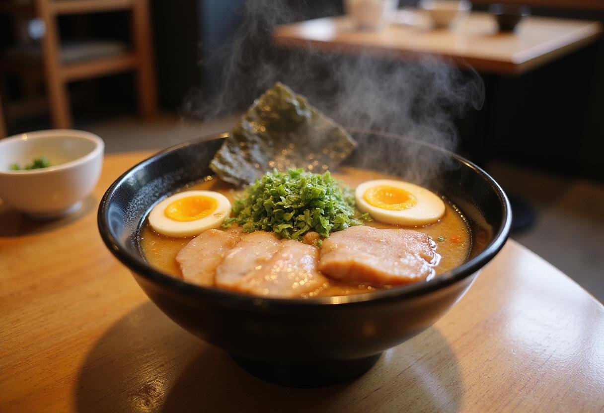 Savory fuyu ramen bowl ready to be enjoyed, featuring a rich broth and fresh toppings for a satisfying meal.