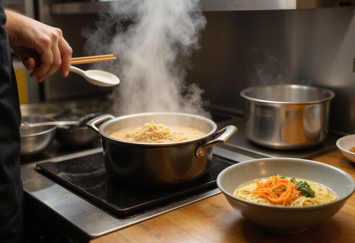 Fresh ramen noodles cooking in boiling water for a savory fuyu ramen bowl recipe.