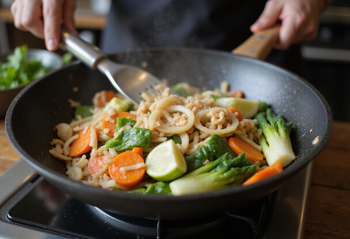 Sautéed onions and garlic in a frying pan for a delicious fuyu ramen bowl, enhancing the flavors of the dish.