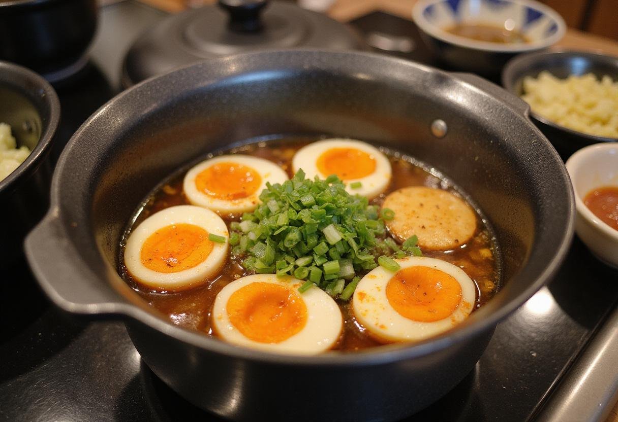 Simmering broth with soy sauce and mirin for a flavorful fuyu ramen bowl, ready to combine with fresh ingredients.