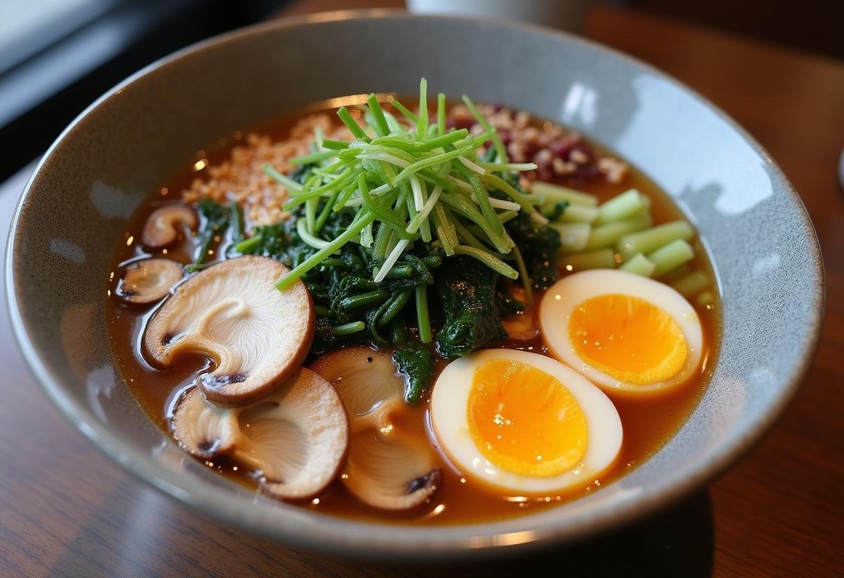 A deliciously styled savory fuyu ramen bowl showcasing vibrant toppings and a rich broth.