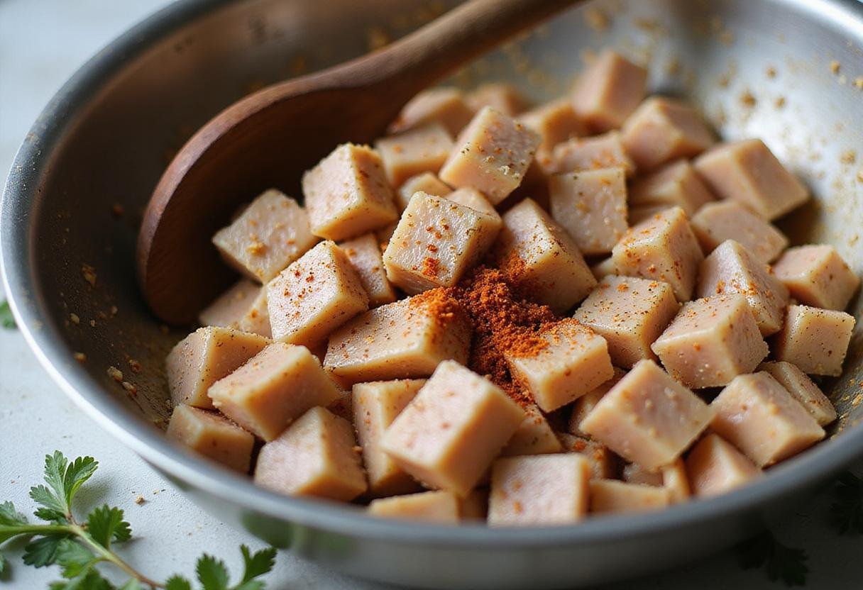 Seasoned chicken breasts in a bowl, ready for savory chicken tacos, highlighting delicious tacos de pollo ingredients.