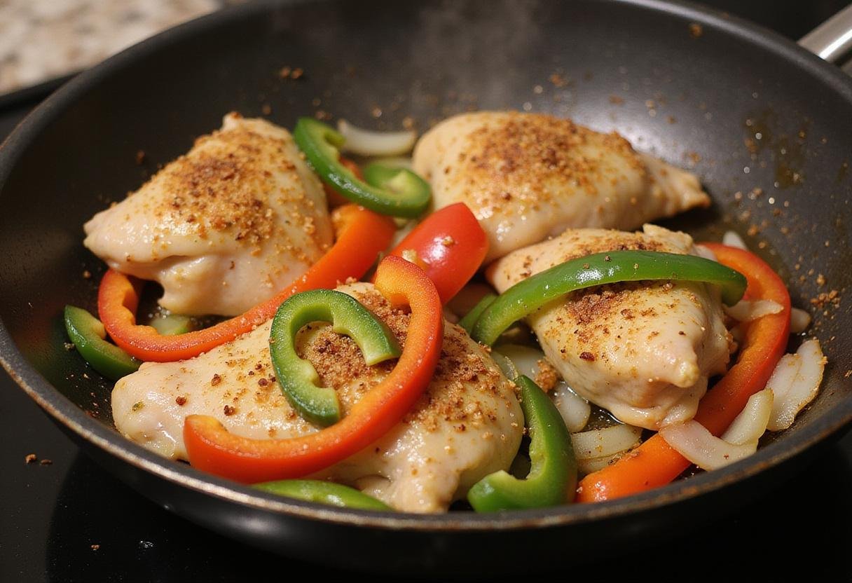 Cooking seasoned chicken and vegetables in a skillet for flavorful tacos de pollo, showcasing a rich and aromatic taco filling.