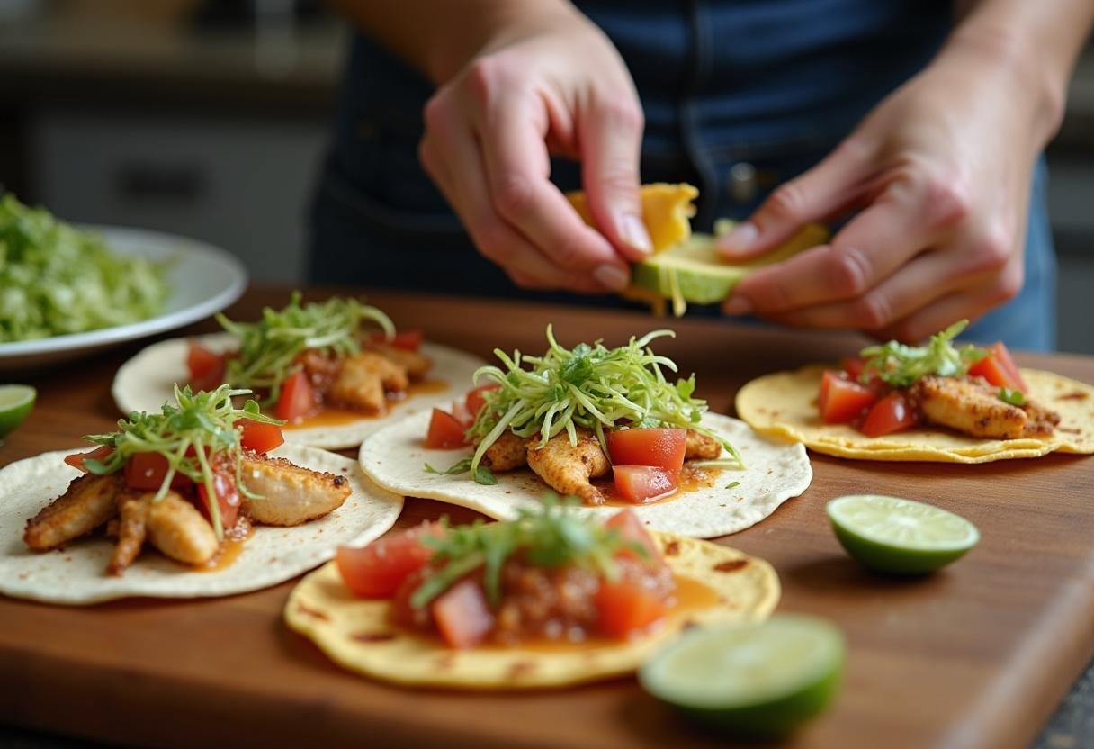 Layering savory ingredients on warm tortillas to create delicious chicken tacos, highlighting the vibrant and fresh components of tacos de pollo.