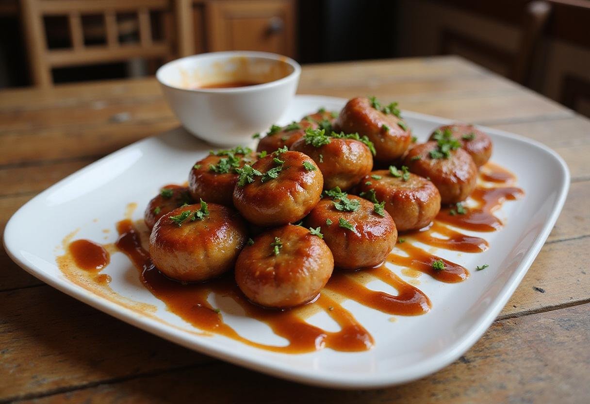 Final presentation of savory maple sausage bites, an enticing appetizer for gatherings, showcasing a delectable blend of flavors.