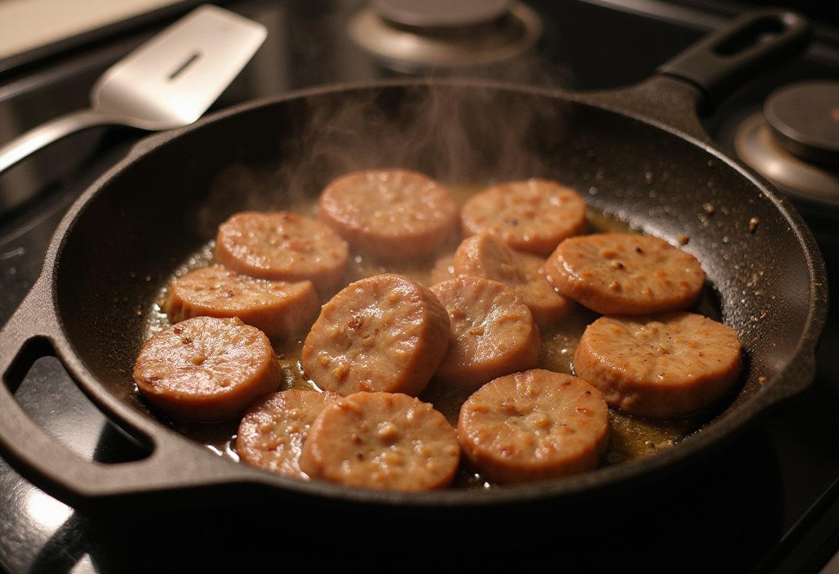 Golden brown maple sausage bites cooking in a frying pan, perfect for savory snacks.