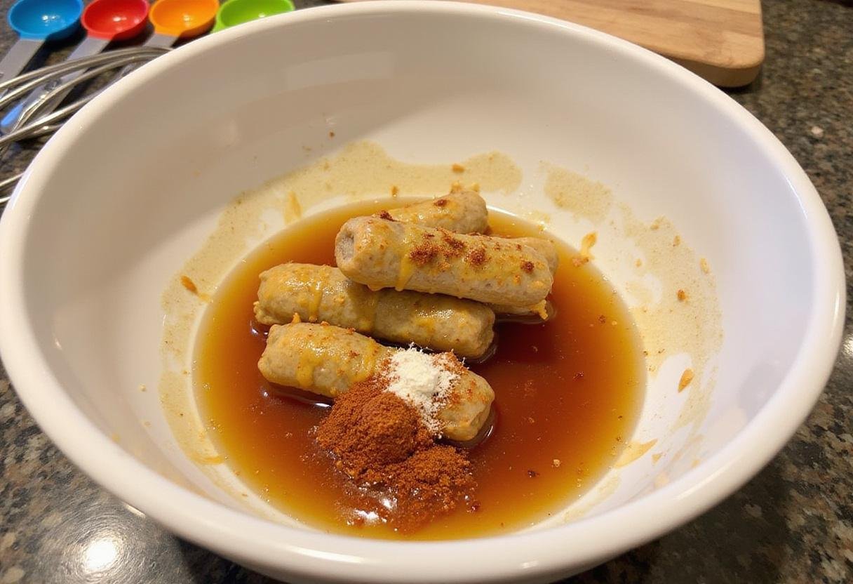 Maple syrup and mustard sauce prepared for flavorful maple sausage bites, ready to enhance the dish.