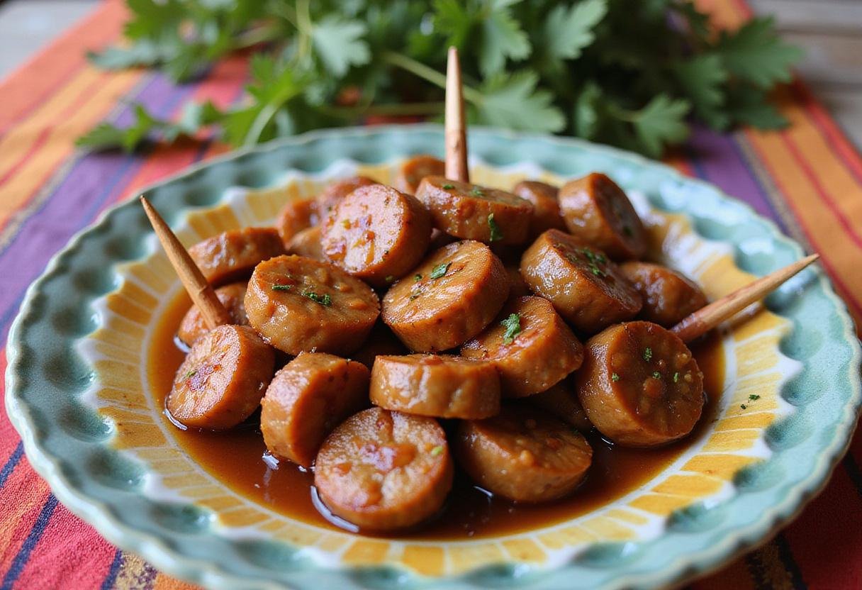 Savory maple sausage bites coated in delicious sauce, beautifully presented for friends and family.