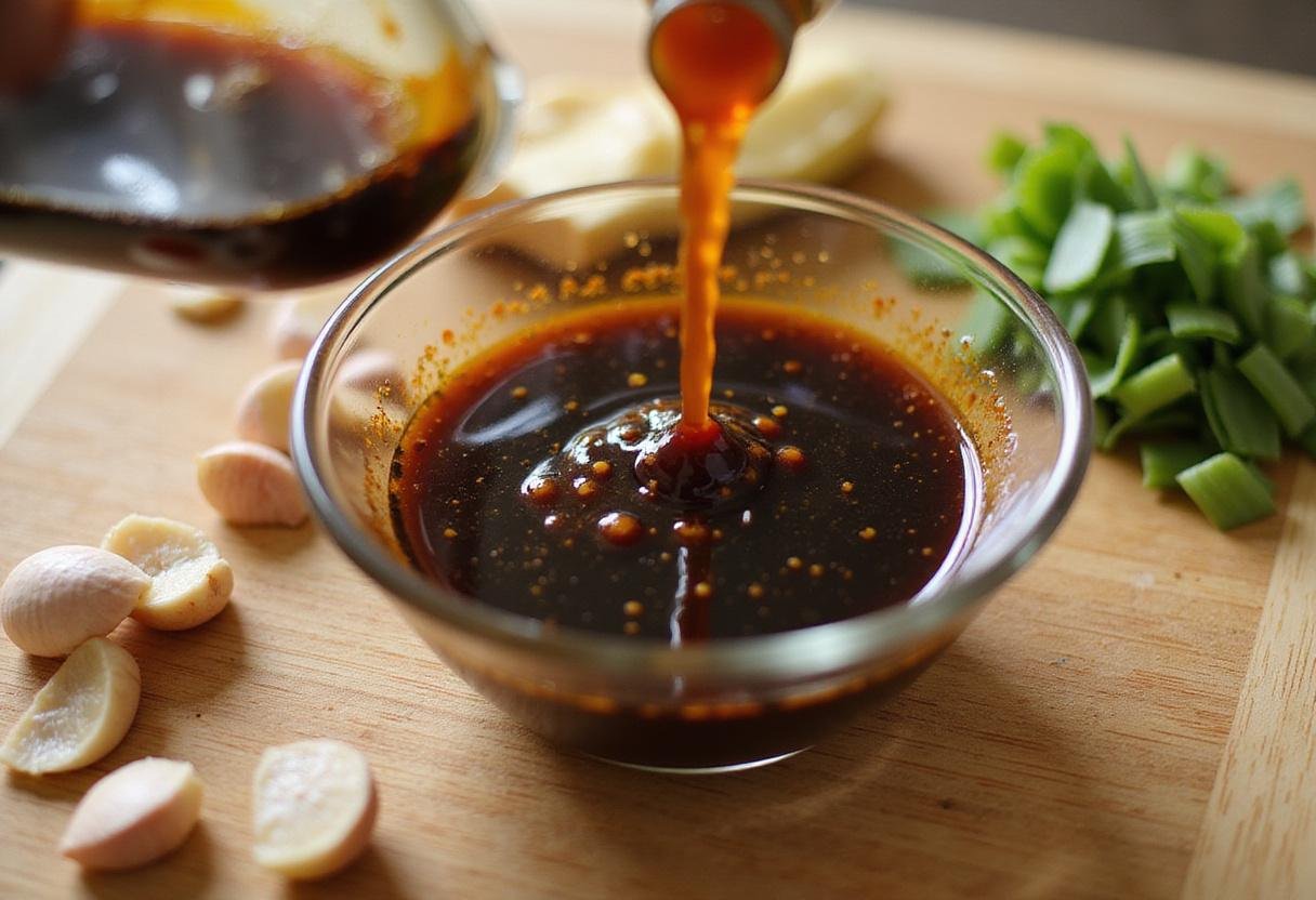 fresh ingredients for savory rich cooking sauce including oyster sauce, garlic, ginger, and green onions