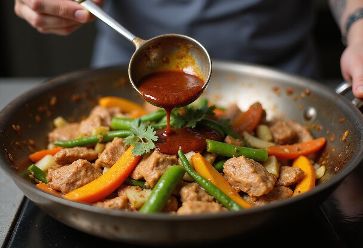 pouring savory rich cooking sauce over a delicious stir-fry for enhanced flavors
