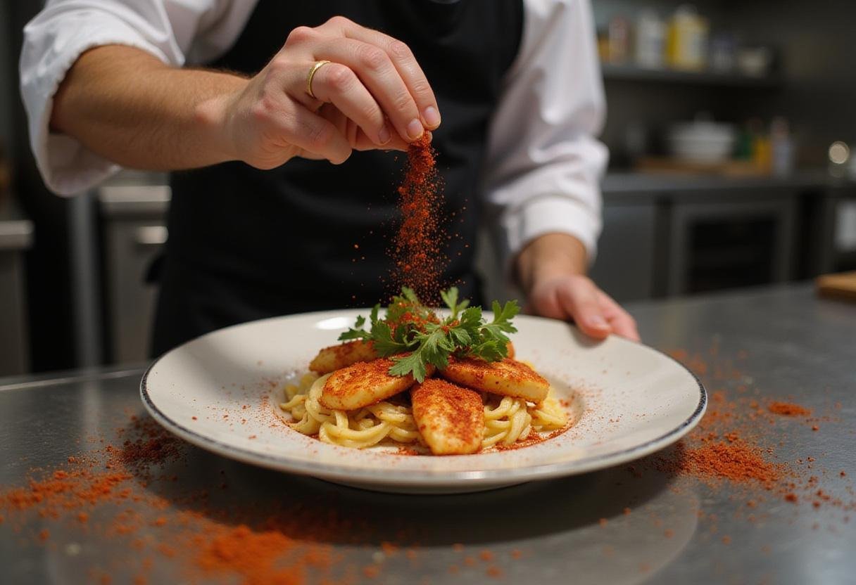 Finalizing a dish with paprika, capturing the essence of spice cooking and presentation.