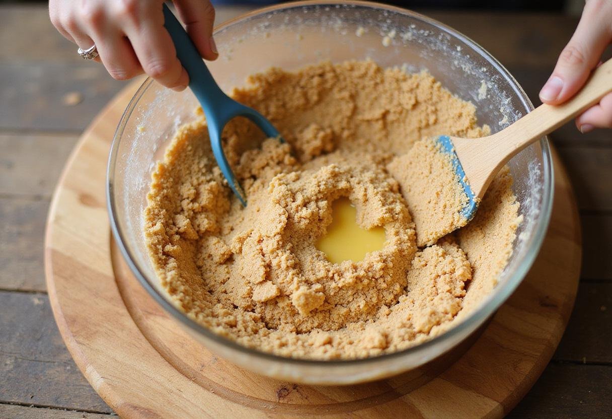 Creating the crust for sawdust pie using graham crackers and butter, showcasing the mixing process in a kitchen setting.