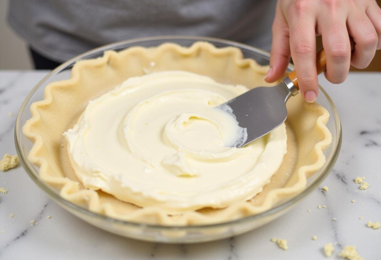 Pouring and smoothing the cream cheese filling into the pie crust, preparing a delicious sawdust pie in a well-lit kitchen environment.