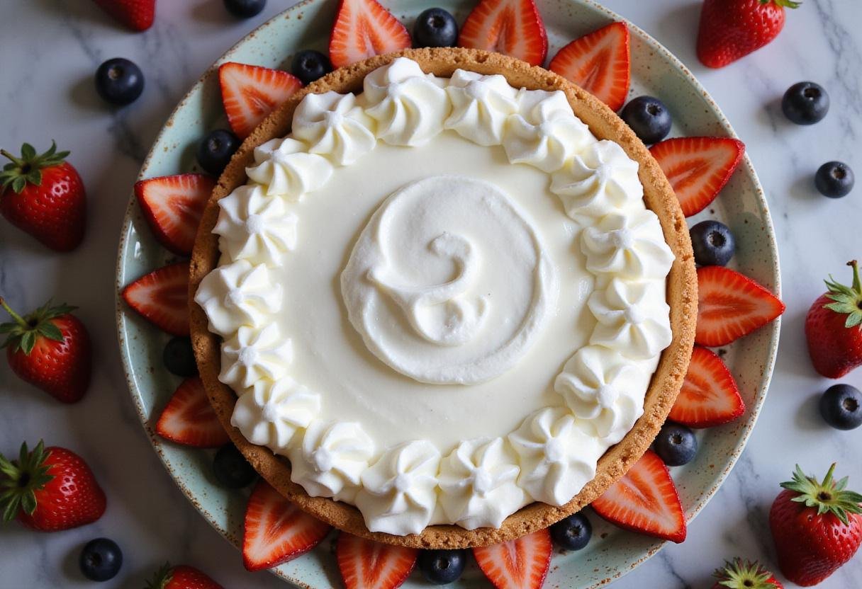 Topping the sawdust pie with whipped cream, adding a decorative touch in a beautiful kitchen scene.