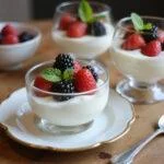Delicious Silky French Yogurt Mousse served in elegant glasses, garnished with berries, perfect for dessert lovers.