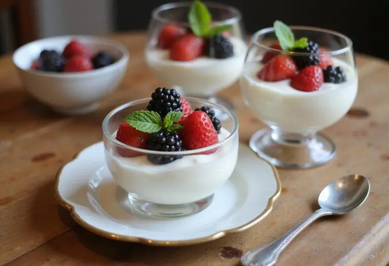 Delicious Silky French Yogurt Mousse served in elegant glasses, garnished with berries, perfect for dessert lovers.