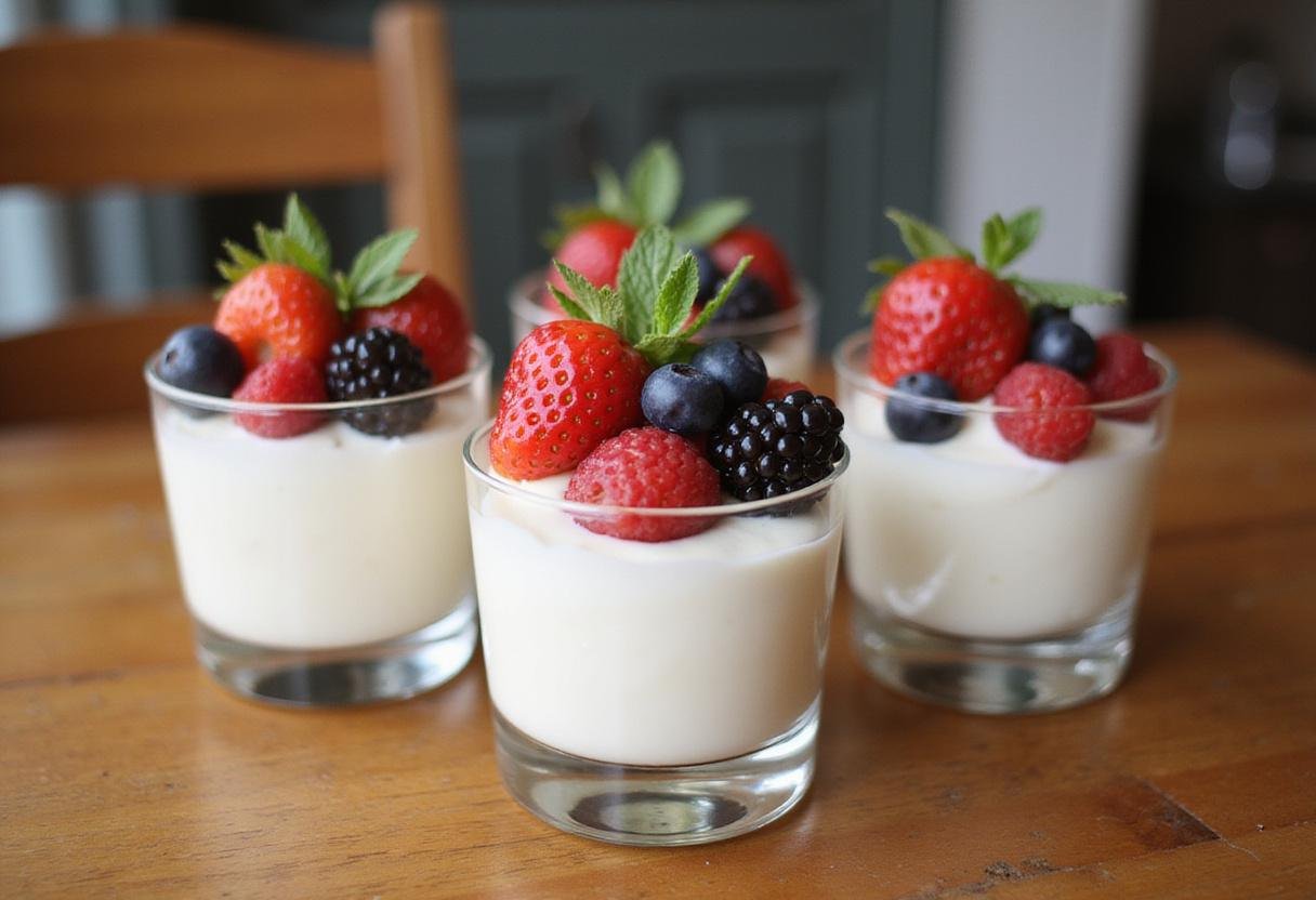 Delicious Silky French Yogurt Mousse served in elegant glasses, garnished with berries, perfect for dessert lovers.