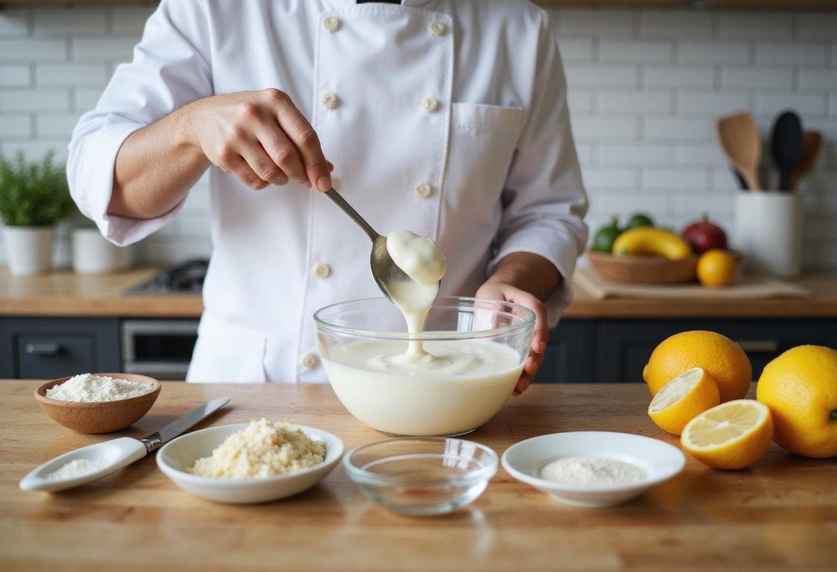 Measuring French yogurt for a silky mousse recipe in a bright kitchen.